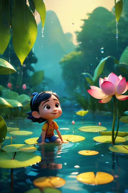 <lora:xl_more_art-full_v1:1>,cinematic film still style of Pixar,(and simple geometric forms while exuding a lighthearted and visually impactful Pixar charm),(combined with geometric forms),(and a focus on unity. The modern digital painting captures the essence of hybrid creatures),
in the style of cute and dreamy,backlight,colorful caricature,rain,summer pond,lotus leaf,lotus,((water drops)),wet clothes,((beautiful detailed water)),dynamic angle,smug,crazy_smile,naughty_face,
(((masterpiece))),(best quality),((ultra-detailed)),Photorealistic,16K,high detail,high resolution . shallow depth of field,vignette,highly detailed,high budget,bokeh,cinemascope,moody,epic,gorgeous,film grain,grainy,