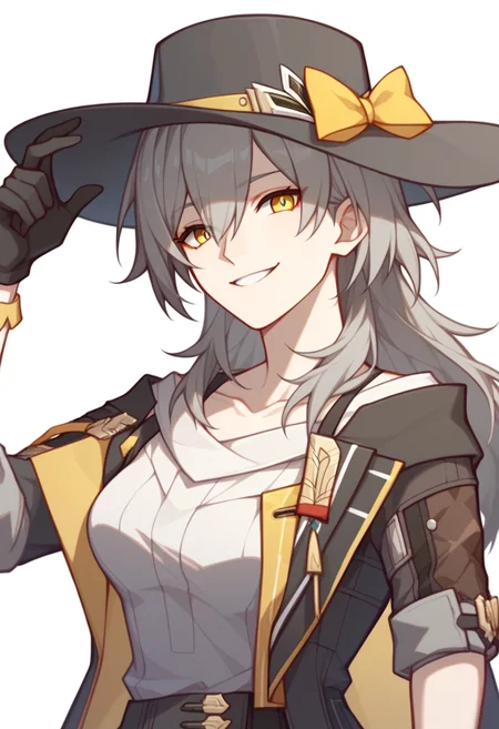 score_9,score_8_up,score_7_up,<lora:star_rail_all_v2:1>,1girl, black_jacket, black_skirt, bra_strap, commentary_request, fedora, gloves, grey_hair, highres, letterboxed, long_hair, looking_at_viewer, open_jacket, short_sleeves, smile, solo, stelle_\(honkai:_star_rail\), trailblazer_\(honkai:_star_rail\), upper_body, white_shirt, yellow_eyes