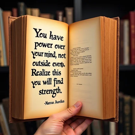 "You have power over your mind - not outside events. Realize this, and you will find strength." - Marcus Aurelius , quote art on book