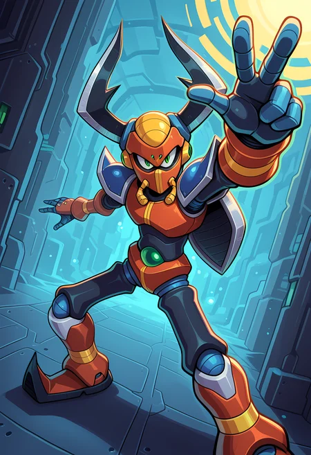 masterpiece, best quality, amazing quality, dutch angle, abstract background, BREAK
1boy, solo, male focus, mmx_boomer, helmet, horns, green eyes, robot, armor, BREAK
<lora:cfg_scale_boost:.6> <lora:Boomer_Kuwanger_-_Mega_Man_X_-_ILXL:1>