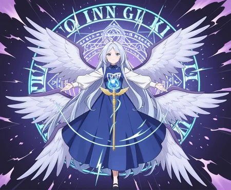 absurdres, highres, masterpiece, best quality, amazing quality, official anime artwork, screencap, anime screencap, looking at viewer, 
 <lora:Sariel_Illustrious:1> sariel, 1girl, solo, blue eyes, blue hair, absurdly long hair, parted bangs, ahoge, small breasts, angel wings, multiple wings,, blue dress, long dress, collared shirt, white sleeves, puffy long sleeves, wide sleeves, scepter,
spark, serious, dynamic pose, floatin hair, magic circle, danmaku,