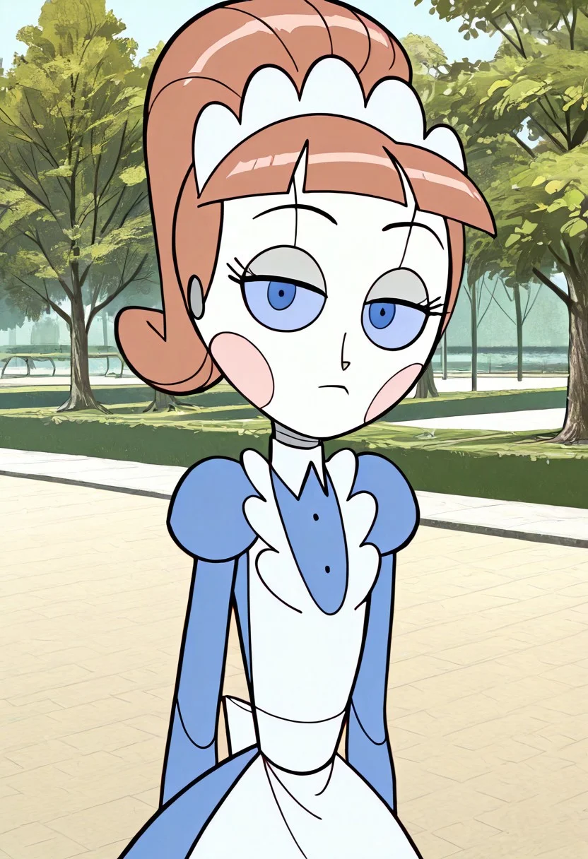1girl, score_9, score_8_up, score_7_up, Molly, Brown Hair, Ponytail, Bangs, Blue Eyes, Maid Headdress, Apron, Maid Uniform, Long Sleeves, Juliet Sleeves, Blush Stickers, Lowered Eyelids, Android, Joints, Outdoors, Park, looking at viewer, unamused expression, detailed, masterpiece