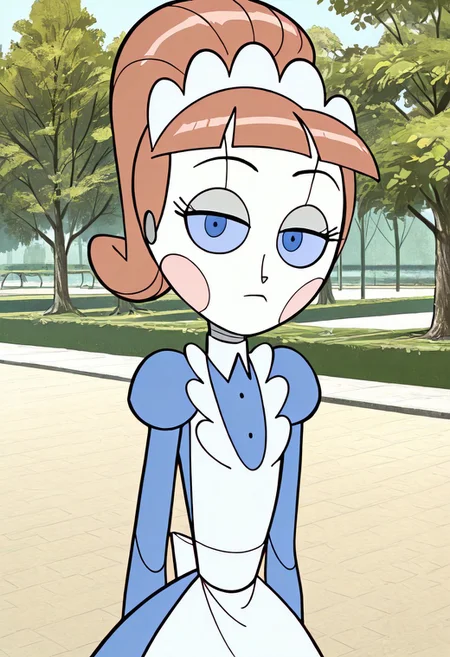 1girl, score_9, score_8_up, score_7_up, Molly, Brown Hair, Ponytail, Bangs, Blue Eyes, Maid Headdress, Apron, Maid Uniform, Long Sleeves, Juliet Sleeves, Blush Stickers, Lowered Eyelids, Android, Joints, Outdoors, Park, looking at viewer, unamused expression, detailed, masterpiece
