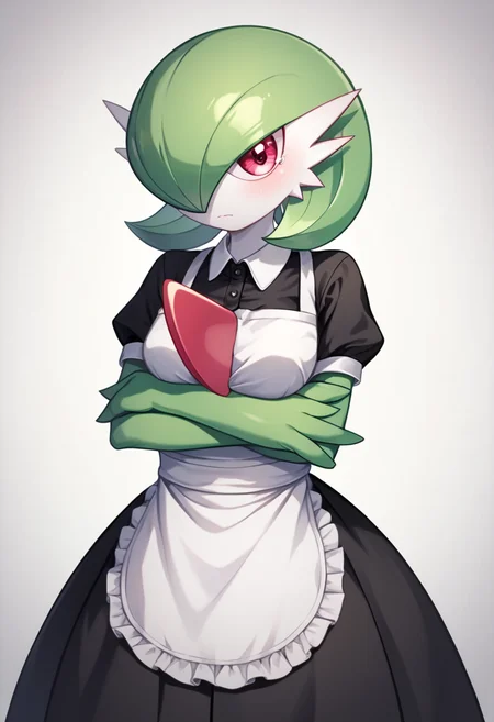 score_9, score_8_up, score_7_up,  <lora:gardevoir:1>ï¼black_apron, black_shirt, bob_cut, crossed_arms, gardevoir, green_hair, hair_over_one_eye, highres, looking_at_viewer, pink_eyes, pokemon_\(creature\), polo_shirt, sad, short_sleeves, simple_background, solo, teardrop, waist_apron, white_background, white_skin