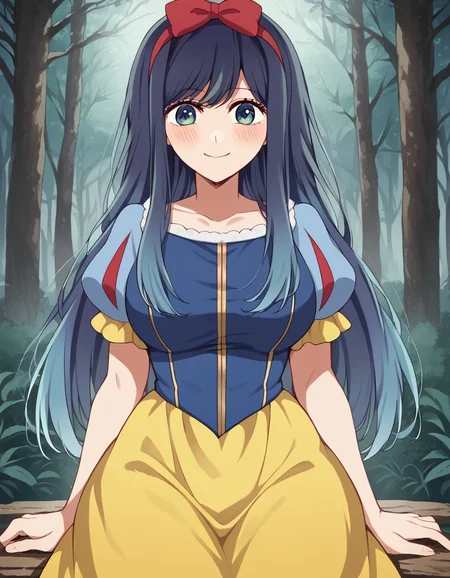 score_9, score_8_up, score_7_up, source_anime, <lora:akane-kurokawa-s2-ponyxl-lora-nochekaiser:1>, akane kurokawa, long hair, bangs, blue eyes, large breasts, black hair, blue hair, multicolored hair, gradient hair,, <lora:snow-white-cosplay-ponyxl-lora-nochekaiser:1>, snow white cosplay, snow white (disney) (cosplay), cosplay, dress, hair bow, puff and slash sleeves, puffy short sleeves, puffy sleeves, red bow, short sleeves, skirt, yellow skirt, yellow dress,, forest, sitting, smile, blush, apple,, cowboy shot,