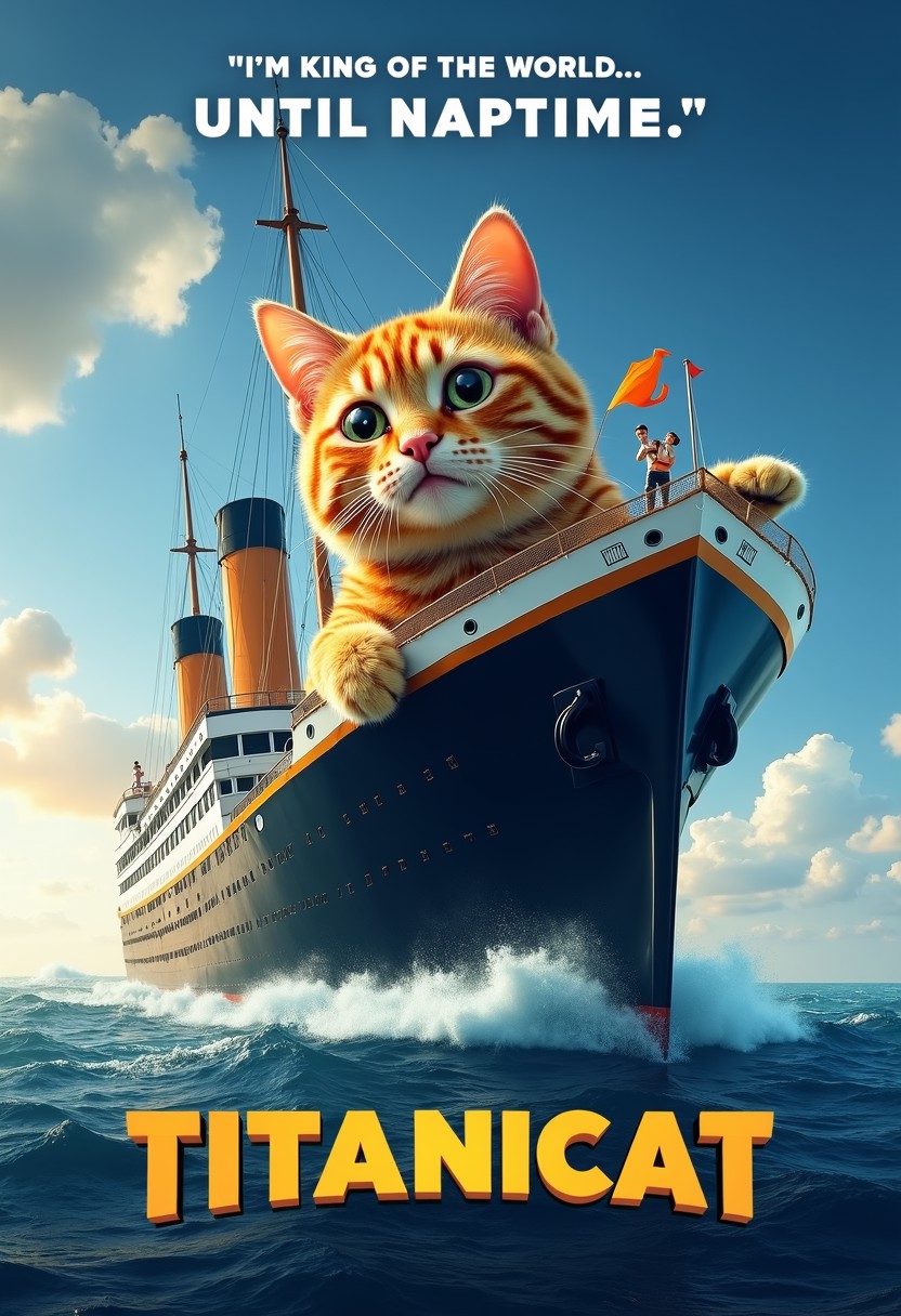 "Titanicat: A Parody Movie Poster of the Iconic Ship, Now a Giant Cat Scratcher, with Two Furry Lovers on the Bow Declaring, 'I’m King of the World... Until Naptime.'"