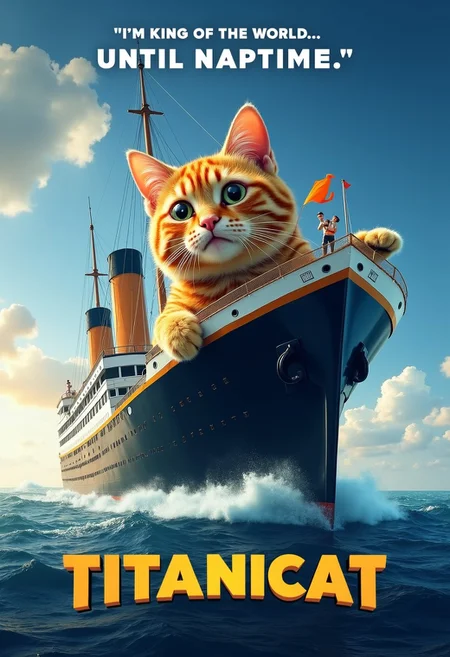 "Titanicat: A Parody Movie Poster of the Iconic Ship, Now a Giant Cat Scratcher, with Two Furry Lovers on the Bow Declaring, 'I’m King of the World... Until Naptime.'"