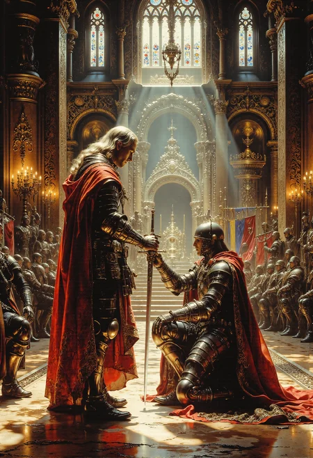 A realistic medieval knighting ceremony set in a grand castle hall. The scene features a high-ranking nobleman or king, wearing a resplendent red cape with gold accents, standing on a raised platform illuminated by soft sunlight streaming through tall stained-glass windows. He holds a gleaming ceremonial sword, tapping it lightly on the shoulder of a kneeling knight in full plate armor, signifying the oath of fealty. Surrounding the platform are rows of onlookers, including knights in polished armor, nobles in elegant robes, and guards holding banners adorned with intricate heraldry. The atmosphere is solemn yet majestic, with warm sunlight highlighting the rich reds, golds, and silvers of the setting, while shadows add depth to the stone walls and ornate tapestries. The polished marble floor reflects the soft glow of flickering candles on iron candelabras, completing the scene with a sense of historical grandeur and reverence. <lora:frazetta_flux_v2-000150.safetensors:0.5>,  <lora:Flux_-_Renaissance_art_style.safetensors:0.15>,  <lora:ancient.safetensors:0.3>,  <lora:Elden_Ring_-_Yoshitaka_Amano.safetensors:1.0>,  <lora:aiai-Glimra-Flux-Dev-v2.safetensors:1.0>,  <lora:ARTifacts.safetensors:0.5>,  <lora:Movie_Portrait.safetensors:0.5>,  <lora:- Flux1 - soothing_atmo_V2.0.safetensors:0.2>,  <lora:lith_mimosa_kiel_grw134_FLUX.safetensors:0.4>,