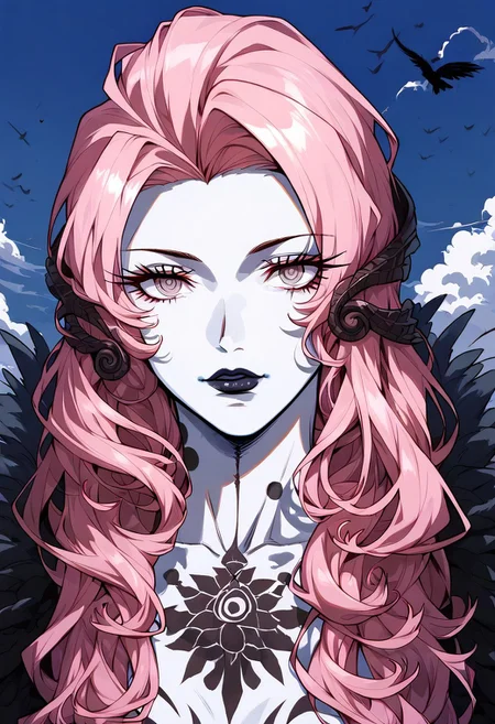 1girl, full body lilithsmtvv, pink hair, long hair, hair ornament, pink eyes, colored skin, lipstick, makeup, black wings, full-body tattoo, yellow field, dark deep blue sky, evening. upper body shot, closeup, portrait, sky, clouds, blacklight, dappled light,dappled sunlight <lora:sxz-Slavic-Fantasy-pdxl:0.75>, BREAK, score_8_up, score_7_up, Expressiveh, slavic,kanekostyle, lipstick, eye shadow, eyelashes