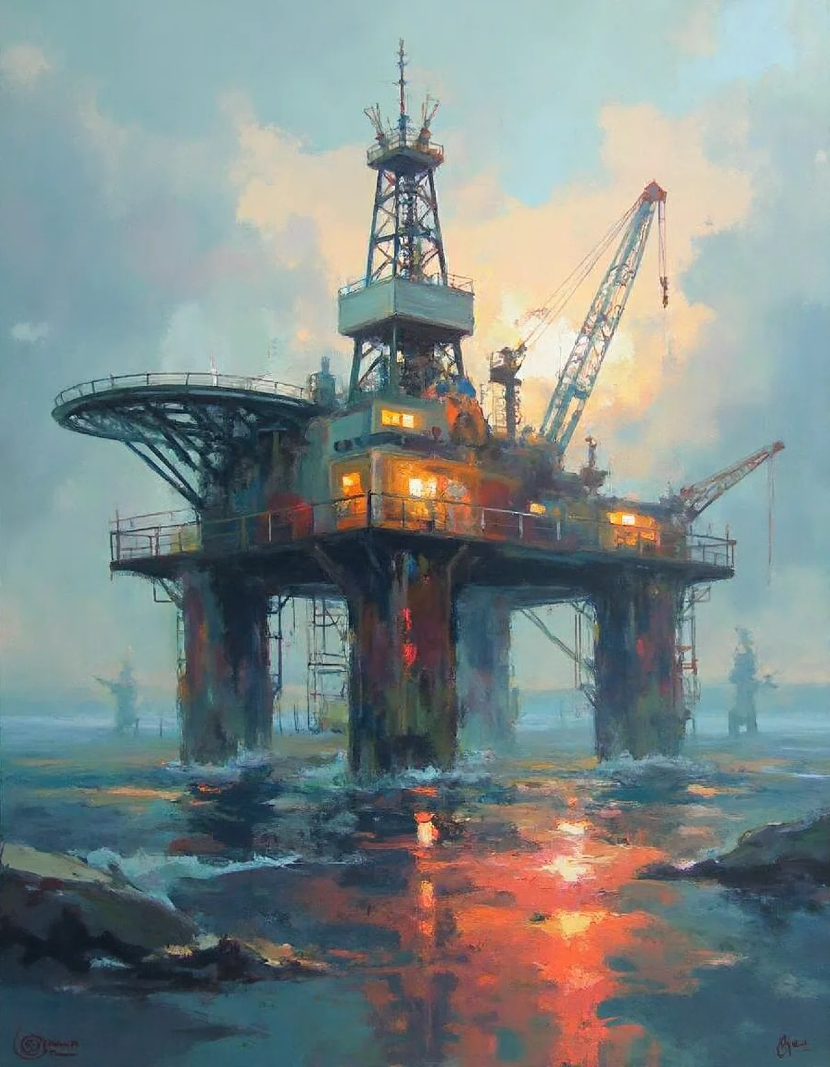 ssf_4bstr4ct painting of an oil rig on a foggy morning