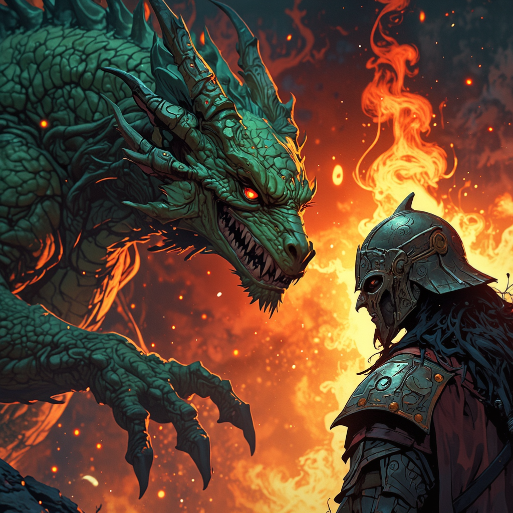 animeniji, AnimeNiji, anime, niji, (off-center composition, close up Portrait), Epic confrontation between a dragon and a knight, the knight poised for attack, flames rising in the background, intense expressions captured in close-up.
