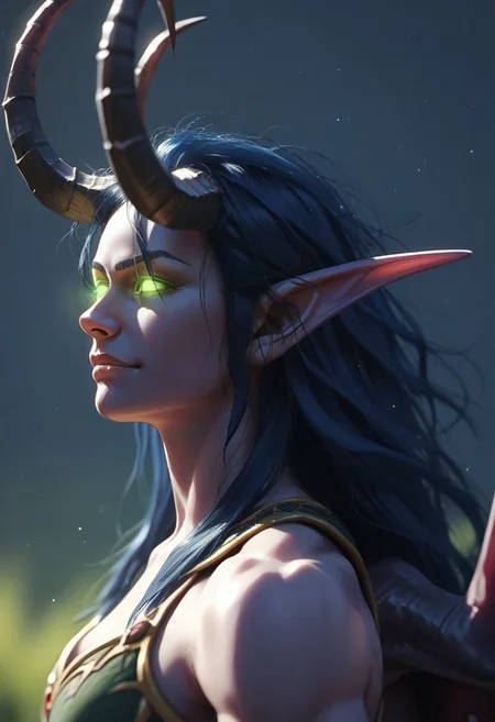 score_9_up,score_8_up,score_7_up,score_6_up,score_5_up,score_4_up,rating_safe,detailed,epic,depth of field,perfect lighting,light particles,1girl, woman,elf, demon, dem0m hunter, pointy ears, glowing eyes, wings, horns, claws, glowing tatoos, abs, navel, muscular body, simple background, hooves, dark blue hair, long hair, messy hair, night elf, voilet skin, athletic, evil smirk, semi-side view, close-up. beautiful face