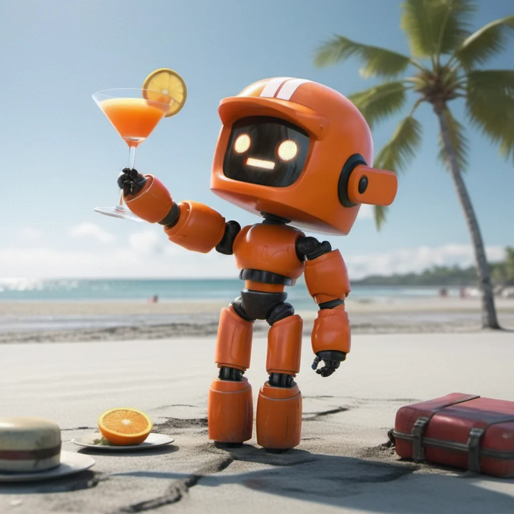 an orange robot, having a cocktail on a beach, crashed airplaine background, highly detailed, photography, ultra sharp, film, professional, 64k <lora:add-detail-xl:1.5> <lora:Orange Robot1024:0.7>