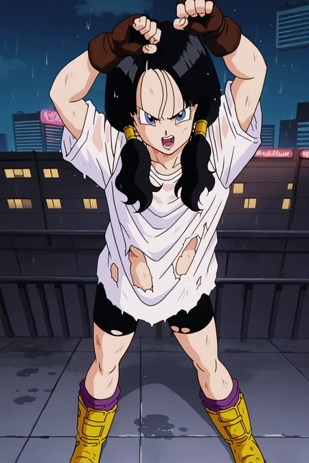 source_anime, score_9, score_8_up, score_7_up, anime screencap,
videldbz, solo, blue eyes, black hair, 1girl, night sky, city skyline, neon, heavy rain, wet clothes, wet hair, arm up, twintails, long shirt, white shirt, purple legwear, yellow footwear, angry, from above, dirty, fingerless gloves, boots, victory pose, teeth, open mouth, brown gloves, socks, eyelashes, v-shaped eyebrows, bike shorts, torn clothes,
<lora:Videl_pony_v1:0.8>