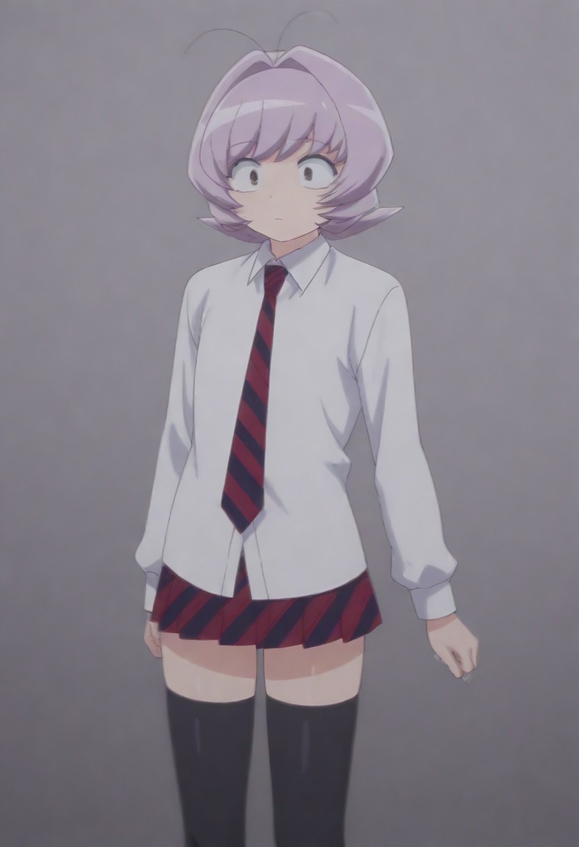 masterpiece, best quality, amazing quality,,, shiny skin,,,,,<lora:Osana_Najimi_cnn:0.8> osananajimicnn,,short hair, brown eyes,androgynous, light purple hair, school uniform, white shirt, striped necktie,striped skirt, pleated skirt,black thighhighs,