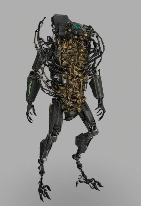 This is a highly detailed CGI rendering of a humanoid figure with a skeletal frame, resembling a steampunk or mechanical design. The figure stands upright in a clock based sci-fi future world. The skeletal structure is intricate, with multiple joints and bones clearly visible, giving it a robotic appearance. The head is a large, round, clock-like mechanism with Roman numerals and a small, central arrow pointing to the time "IIII." The clock face is surrounded by ornate, golden metalwork and a complex network of gears and cogs, suggesting a high level of mechanical sophistication. The figure's arms and legs are elongated and thin, with visible tendons and joints, adding to the mechanical feel. The hands and feet are claw-like, with sharp, metallic talons. The entire figure is made of a light brown, metallic material, giving it a weathered, aged look. There are additional mechanical parts and tubes attached to the figure's torso, suggesting advanced engineering or a steampunk aesthetic. The overall style is reminiscent of Victorian-era machinery, with a blend of organic and mechanical elements. The image is highly detailed, with a realistic texture and shading that emphasizes the intricate design and craftsmanship.