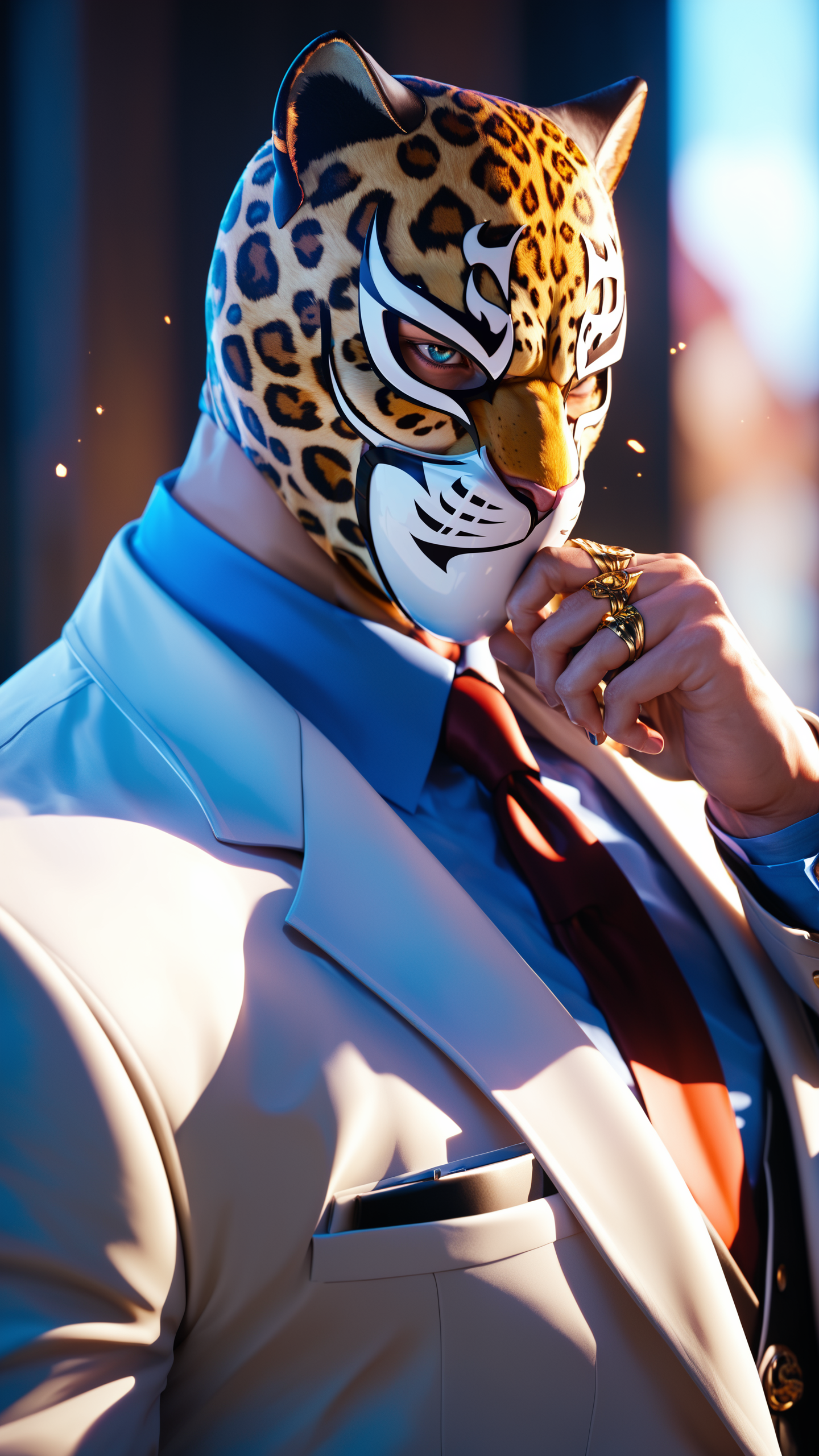 score_9, score_8_up, score_7_up, King from "Tekken" roars in the ring, his jaguar mask hiding the scars of past battles. As a professional wrestler and orphanage owner, his powerful grapples and throws are as strong as his compassion for children.