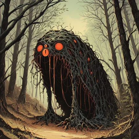 score_9, score_8_up, score_7_up,score_6_up, score_5_up, score_4_up,source_anime,retro artstyle,halftone effect,epic,intricate linework,no humans,creature focus,a black furred barghest with glowing red eyes skulking in the woods,full body,outdoors,forest,horror