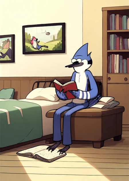 score_9, score_8_up, score_7_up, score_6_up, <lora:Regular_Show_Style:0.8>, regularshow, 1boy, Mordecai, bedroom, sitting, detailed background, smile, humanoid, glasses, reading, tail, bird,