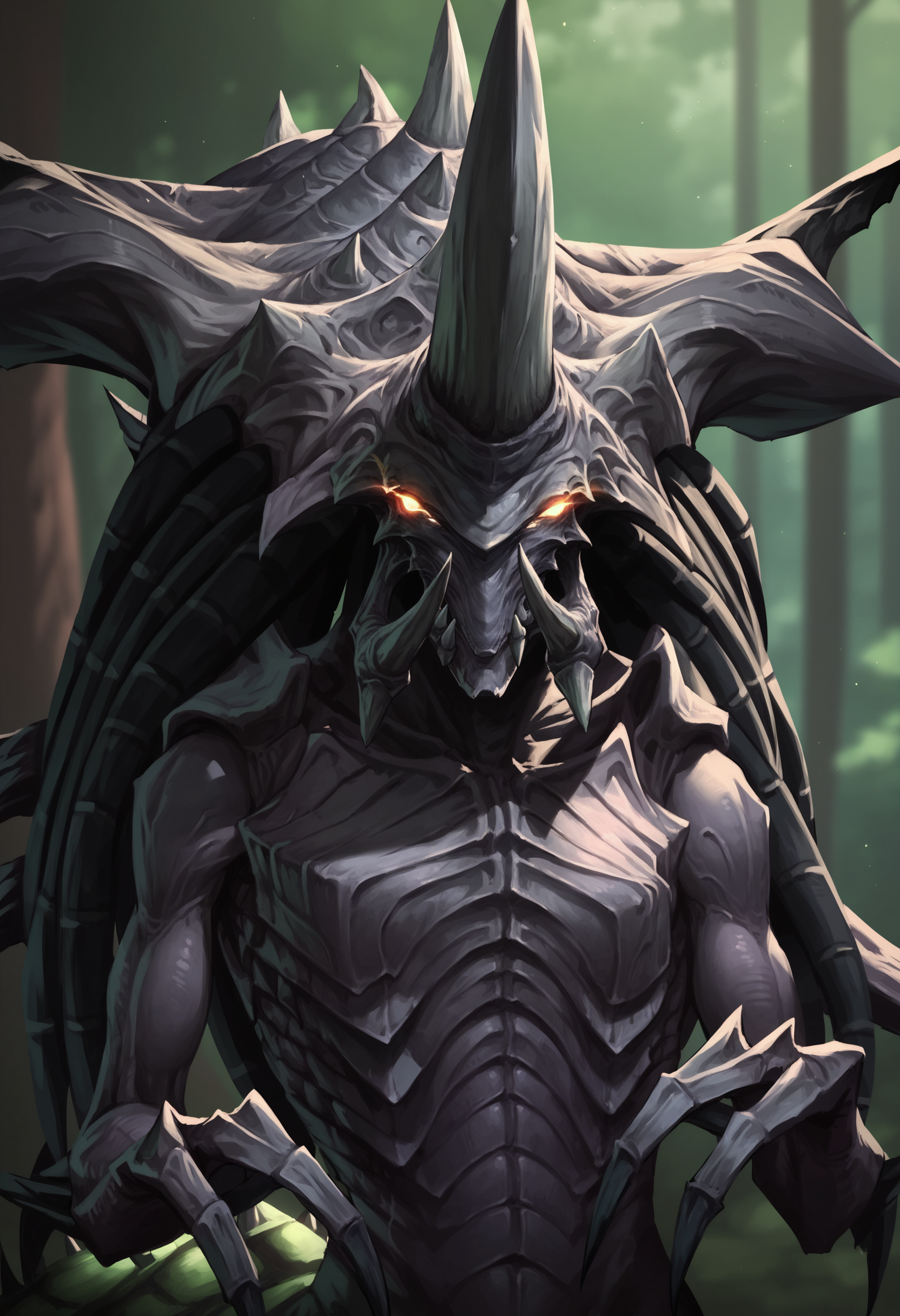 score_9, score_8_up, score_8, source_anime, zagara, <lora:Zagara:0.85> horns, no humans, monster, yellow eyes, solo, glowing, glowing eyes, claws, spikes, upper body, small breasts, front view, looking at viewer, 
forest background, blurry background,