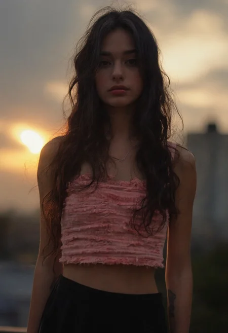 [22]Realistic photograph, Frontal photography, Look front, evening, dark clouds, the setting sun, On the city rooftop, A 20 year large breasts old female, Pink top, Black Leggings,black hair, long hair, dark theme, muted tones, pastel colors, high contrast, (natural skin texture, A dim light, high clarity), ((sky background)), ((Facial highlights)),