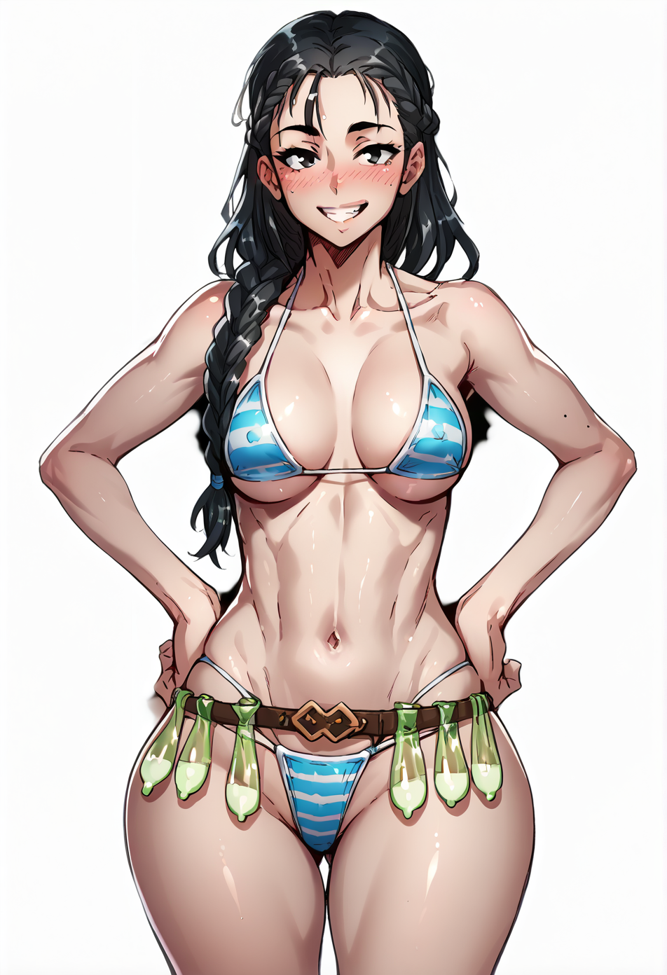 score_9, score_8_up, score_7_up, score_6_up, score_5_up, score_4_up,
1 girl,  view from front,
standing, hands on own hips,
looking at the viewer, smile, blush,
braid, long hair, black hair,
medium breasts, narrow waists, wide hips,
striped bikini, string bikini,
condom belt,
white background, simple background,
<lora:Concept_XL_Pony_Condom_Belt:1>  <lora:andou:1>