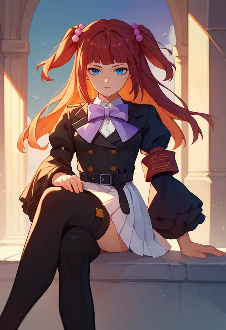 score_9, score_8_up, score_7_up,1girl, Ange, brown hair, two side up, blue eyes, white shirt, purple bow, black jacket, single armband, black belt, white skirt, frilled sleeves, black thighhighs, crossed legs, sitting, looking at viewer, <lora:Ange 4-000007:1>