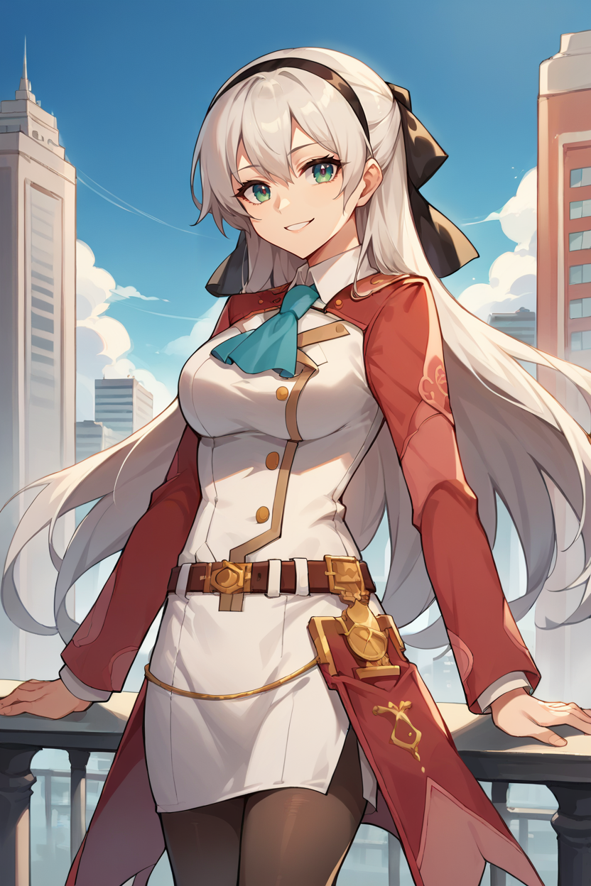 score_9, score_8_up, source_anime, 1girl  <lora:elie-pdxl-nvwls-v1-000006:1> zeroElie, black hairband, hair ribbon, long hair, ascot, uniform, long red sleeves, white dress, pencil skirt, belt, pantyhose, three-quarter view, looking at viewer, smile, cityscape, blue sky <lora:Anime Style LoRA XL:0.4>