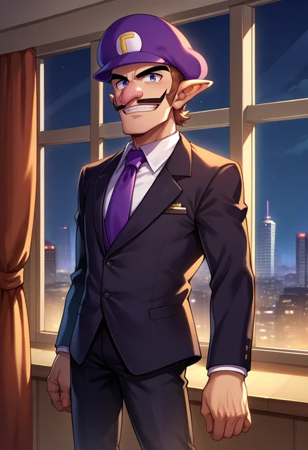 score_9, score_8_up, source_anime, 1boy, solo, Waluigi, mustache, teeth, pointy ears, brown hair, hat, purple headwear, standing, indoors, night, window, modern, skyline, formal, suit, black jacket, black pants, necktie, smile, <lora:ChamWaluigiPonyXL:1>