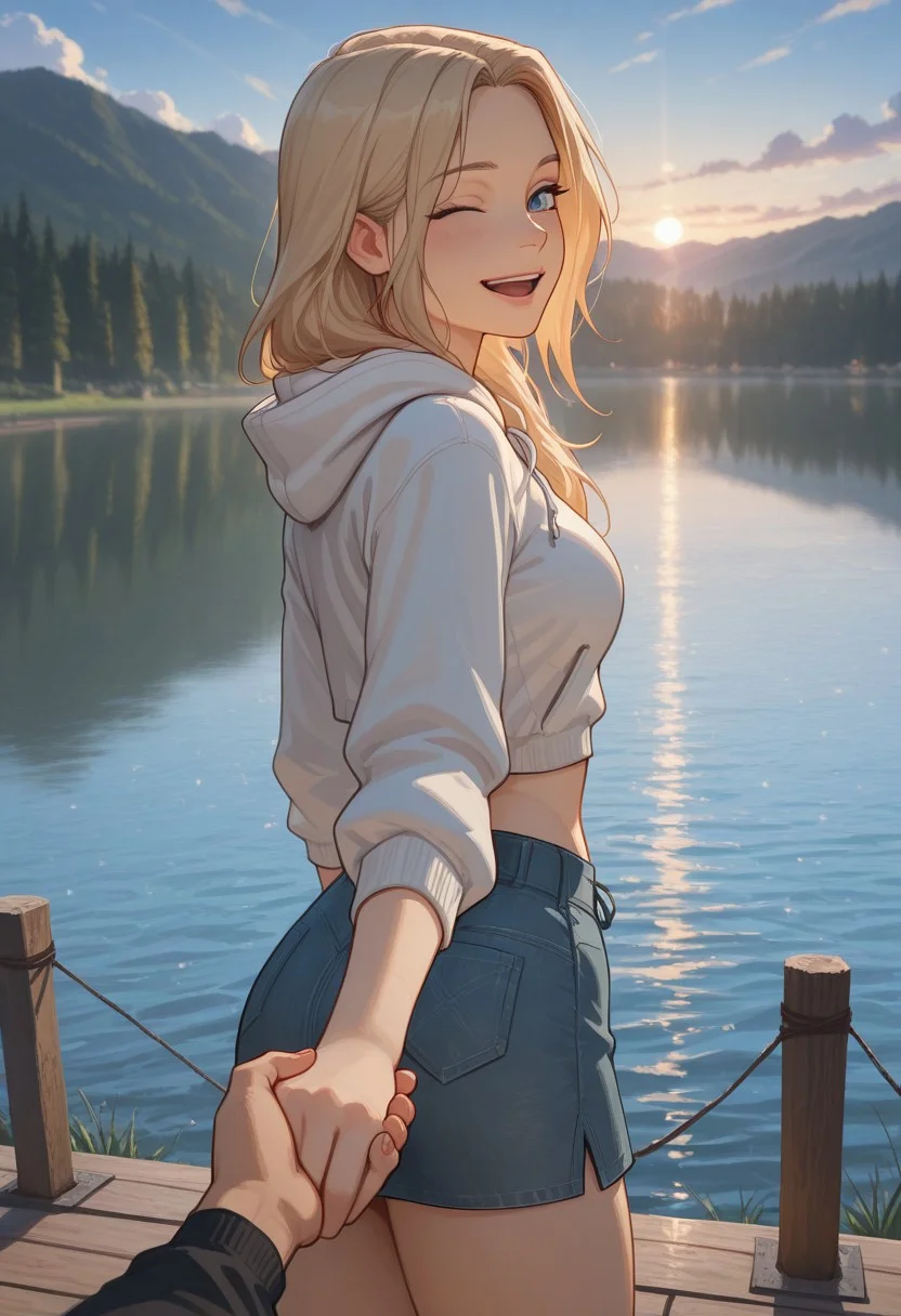 masterpiece, ultra-HD, cinematic lighting, photorealistic, impressionism (1.5), high detail, depth of field, (blurred background), (dramatic lighting),masterpiece, best quality, very aesthetic,8k,masterpiece, best quality,anime,
Flat color, 2D, realistic skin, Natural skin, textured skin, 1girl, blue eyes, shoulder-length blonde hair, parted fringes, athletic build, cropped hoodie with bralette and mini skirt, from behind, exposed midriff, navel, teasing wink, mature female, mature female, medium breasts, anime screencap, pulling pov, leading the way, arm extended toward viewer, looking at viewer, smile, open mouth, outdoors, sky, solo focus, day, cloud, (holding hand), pov, pov hand, from behind, alps, Swiss mountains, lake, waling along a lake, lots of trees, ((tall mountains)), summer, sunny, golden hour, bokeh,