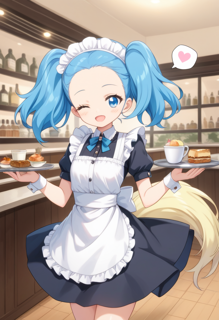 score_9, score_8_up, score_7_up, score_6_up, score_5_up, BREAK
sapphiehuman, twintails, blue eyes, blue hair, tail, hair ornament, head wreath, 1girl, solo, smile, blush, looking at viewer, cafe, maid outfit, maid headdress, tray, one eye closed, spoken heart, forehead, open mouth,