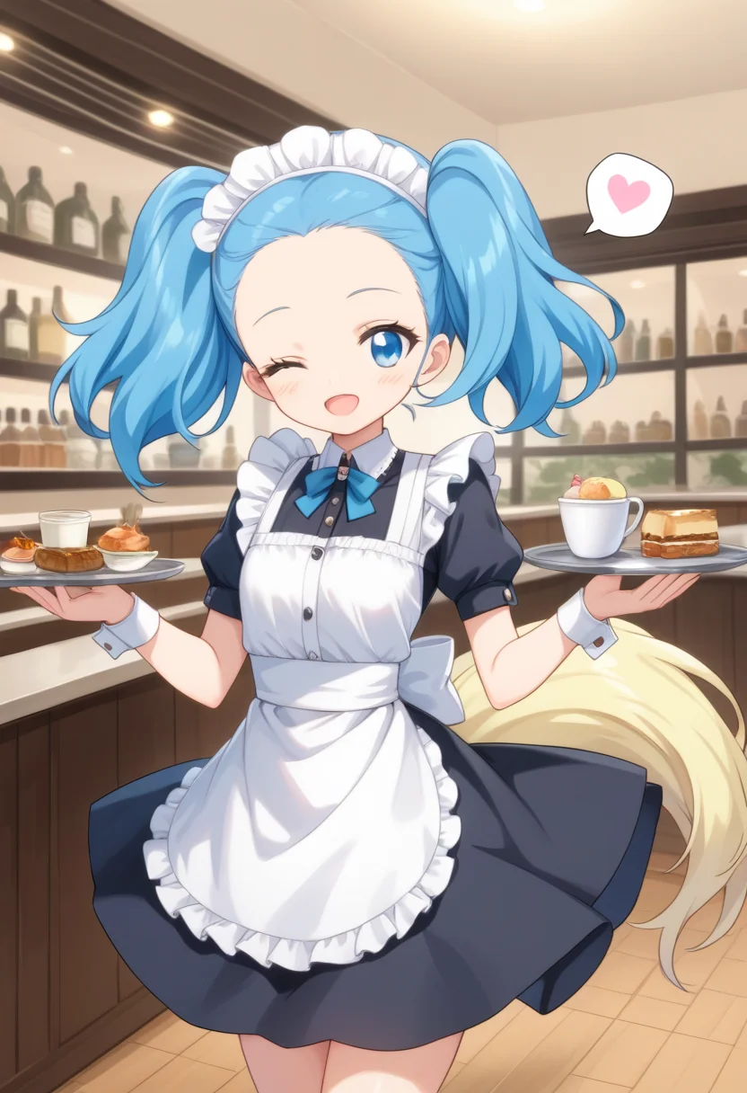 score_9, score_8_up, score_7_up, score_6_up, score_5_up, BREAK
sapphiehuman, twintails, blue eyes, blue hair, tail, hair ornament, head wreath, 1girl, solo, smile, blush, looking at viewer, cafe, maid outfit, maid headdress, tray, one eye closed, spoken heart, forehead, open mouth,