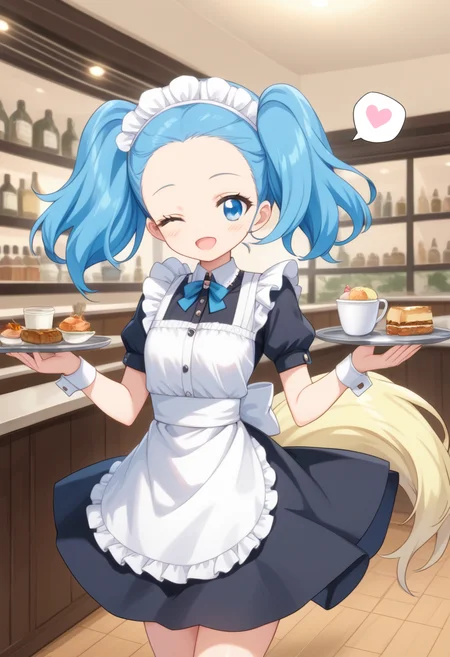score_9, score_8_up, score_7_up, score_6_up, score_5_up, BREAK
sapphiehuman, twintails, blue eyes, blue hair, tail, hair ornament, head wreath, 1girl, solo, smile, blush, looking at viewer, cafe, maid outfit, maid headdress, tray, one eye closed, spoken heart, forehead, open mouth,