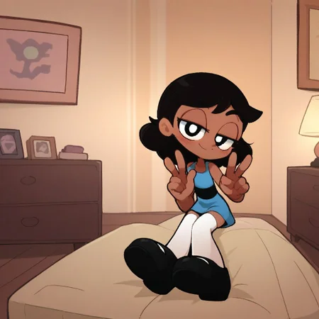 score_9, score_8_up, score_7_up, score_6_up, score_5_up, score_4_up, BREAK, source_anime, connie_maheswaran, indoors, black hair, small breasts, black footwear, white thighhighs, smile, smug, blush, blue top, sleeveless, blue miniskirt, peace sign, pantsless, powerpuff, dark-skinned female, 1girl, sitting, indoors, living room, on bed,