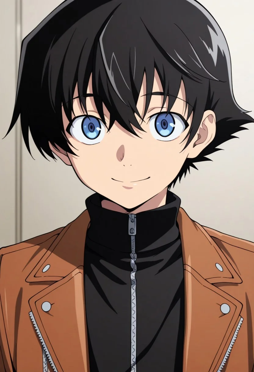 masterpiece,best quality,amazing quality, source_anime,
YukiteruAmano, 1boy, male focus, solo, blue eyes, black hair, black shirt, turtleneck, zipper, jacket, brown jacket, open jacket, smile, portrait,