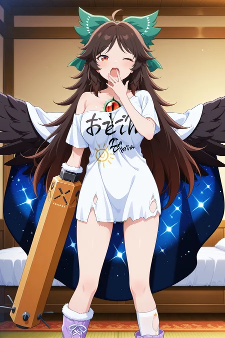 absurdres, highres, masterpiece, best quality, amazing quality, official anime artwork, screencap, anime screencap, looking at viewer, light smile, dynamic pose, standing,
<lora:Utsuho-Reiuji_IllustriousV2:1> reiuji utsuho, 1girl, solo, brown eyes, brown hair, long hair, ahoge, black wings, bird wings, third eye, breasts,, reiuji utsuho \(occasionally non-operational underworld sun\), alternate costume, hair bow, green bow, white cape, cloud print, crescent print, white shirt, clothes writing, torn clothes, torn shirt, single bare shoulder, asymmetrical legwear, white socks, fur-trimmed legwear, purple boots, arm cannon, yellow cannon, fur-trimmed cannon, hand on mouth, one eye closed, 
mansion, yawning, indoors, bed,