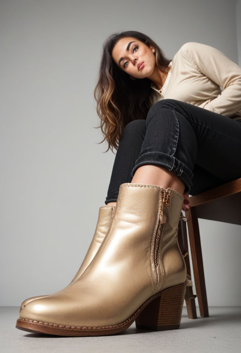 score_9, score_8_up, score_8_up, zPDXL2,
1girl, black girl, freckles, multicolored hair, long hair, straight hair, looking at viewer, elegant outfit, trousers, detailed face, from below, foot focus, pov,
(beige booties), (ankle booties:1.5)
