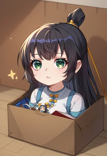 zPDXL3, score_9_up, score_8_up, score_7_up, Anime_source, 1girl, SueLiyue, green eyes, black hair, long hair, updo hair, Liyue clothes, (b0xe, in box, chibi, cardboard box), books, looking at viewer, from front