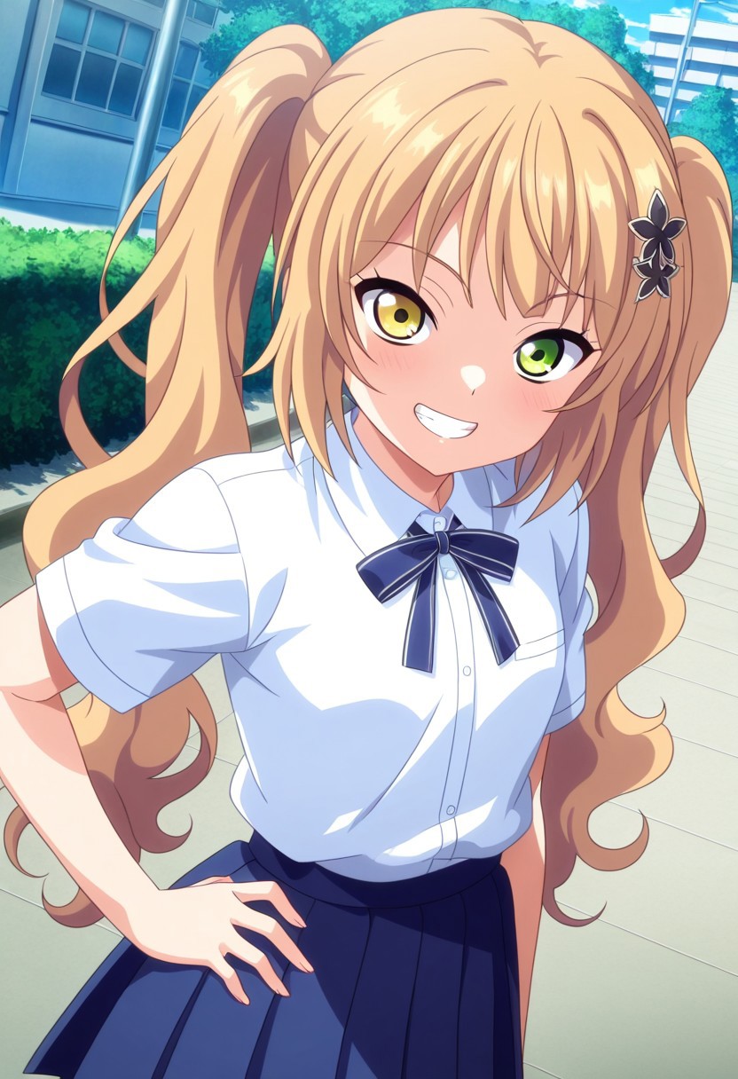 general,highres, ultra-detailed,very aesthetic,best quality ,best hands,best eyes,easynegative,
dynamic anglre, dutch angle, anime cloring,anime screencap,
1girl solo,looking at viewer,school, outdoors, hand on hip,teeth,smile,
Himari Azuma,blonde_hair, twintails, wavy hair, heterochromia, green eye,yellow eye, small breasts, hair_ornament, short body, petite,shirt, skirt,