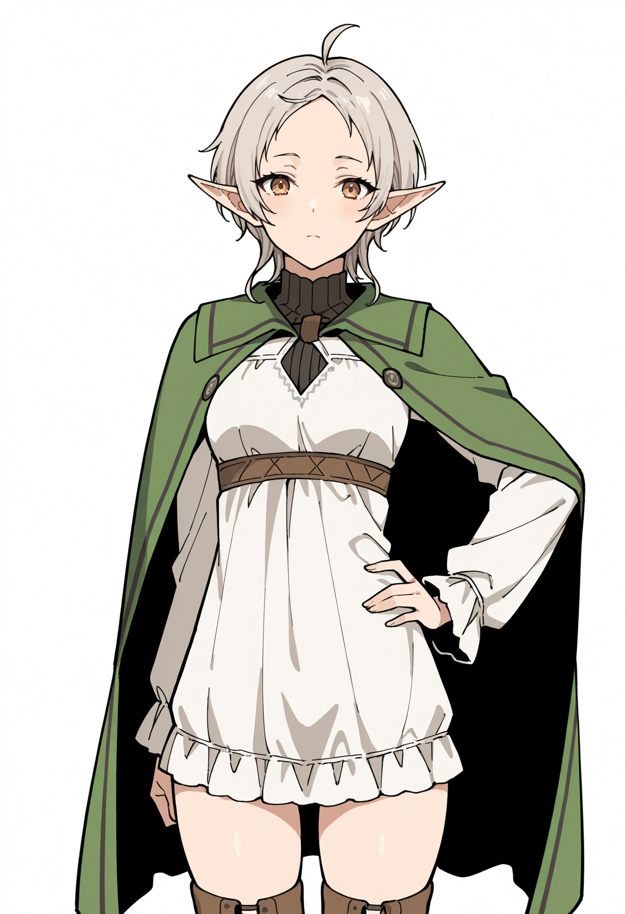 masterpiece, best quality,
1girl, solo,
standing, hand on own hip,
looking at viewer,
<lora:Sylphiette:1> S1lph13tt34d0lt, elf, pointy ears, short hair, ahoge, grey hair, brown eyes, 
dress, green cape, long sleeves, thighhighs, 
white background, simple background,