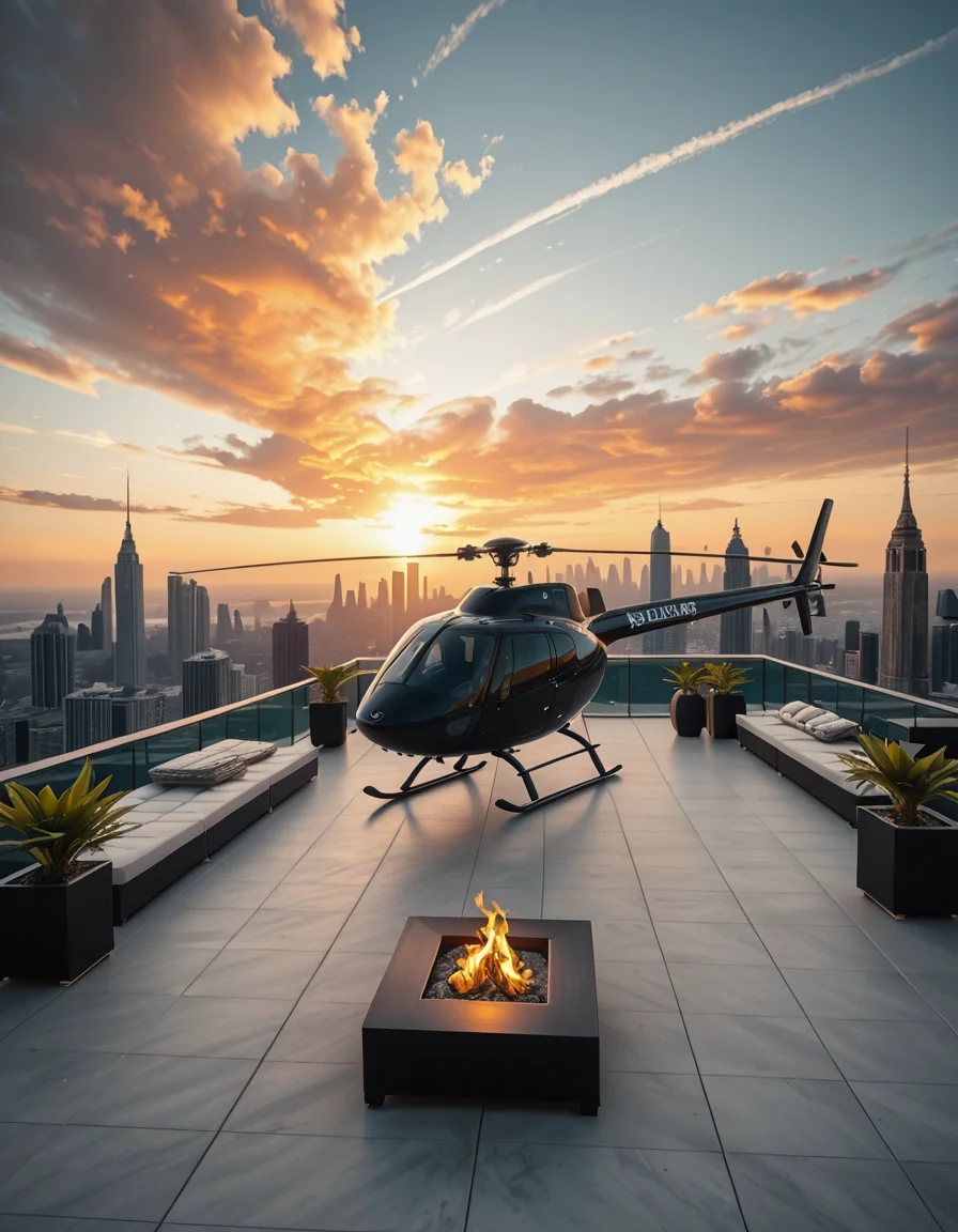 A high-resolution photo of a luxurious rooftop of a five-star hotel at sunset, featuring a sleek helipad with a high-end, matte-black private helicopter elegantly parked. The rooftop is designed with ultra-modern architecture, featuring a spacious terrace with infinity-edge glass railings, ambient lighting, and a panoramic city skyline in the background. The surface of the helipad is clean, polished concrete with clear illuminated markings. Surrounding the helipad, there are lounge areas with modern outdoor furniture, minimalist fire pits, and decorative planters with tropical greenery. The lighting is warm and golden, casting soft shadows and highlighting the contours of the helicopter and the textures of the rooftop. The sky is dramatic, painted with hues of orange, pink, and violet, creating a cinematic atmosphere of luxury and exclusivity. The overall mood is elite, calm, and aspirational, showcasing the ultimate in urban luxury lifestyle.
<lora:SDXLFaeTastic2400:0.4> <lora:extremely_detailed:0.4> extremely detailed,helipad r00ft0p <lora:helipad_r00ft0p-i:1>, Masterpiece,best quality,hi res,8k,hi res,8k,award winning,(sharp focus, intricate, highly detailed),