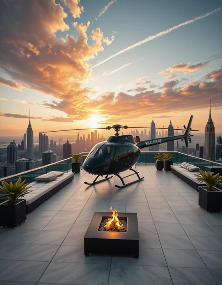 A high-resolution photo of a luxurious rooftop of a five-star hotel at sunset, featuring a sleek helipad with a high-end, matte-black private helicopter elegantly parked. The rooftop is designed with ultra-modern architecture, featuring a spacious terrace with infinity-edge glass railings, ambient lighting, and a panoramic city skyline in the background. The surface of the helipad is clean, polished concrete with clear illuminated markings. Surrounding the helipad, there are lounge areas with modern outdoor furniture, minimalist fire pits, and decorative planters with tropical greenery. The lighting is warm and golden, casting soft shadows and highlighting the contours of the helicopter and the textures of the rooftop. The sky is dramatic, painted with hues of orange, pink, and violet, creating a cinematic atmosphere of luxury and exclusivity. The overall mood is elite, calm, and aspirational, showcasing the ultimate in urban luxury lifestyle.
<lora:SDXLFaeTastic2400:0.4> <lora:extremely_detailed:0.4> extremely detailed,helipad r00ft0p <lora:helipad_r00ft0p-i:1>, Masterpiece,best quality,hi res,8k,hi res,8k,award winning,(sharp focus, intricate, highly detailed),