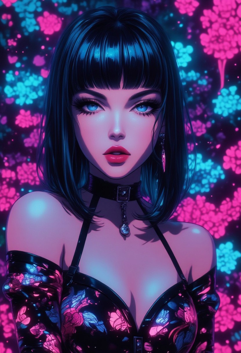 aidmaGlow, closeup portrait of stunning japanese goth woman, straight-cut bob, dark eyeshadow, red lips, silk cheongsam, cleavage, splashing, abstract ink splash, neon, great lighting.