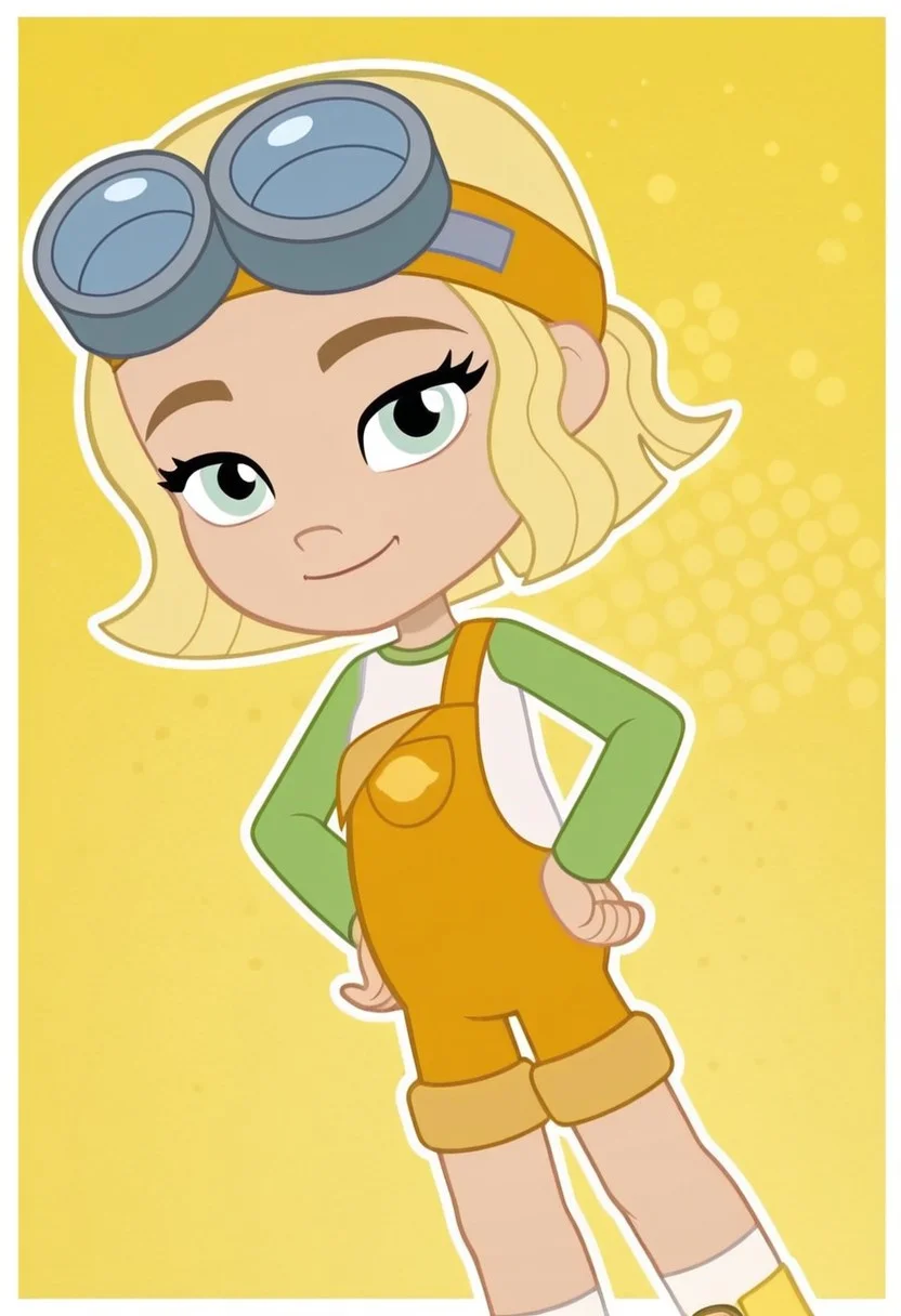 Lemon_Meringue, 1girl, solo, fair skin, short hair, honey-blonde hair, light green eyes, orange goggles, inventor goggles, white and light green raglan shirt, orangish-yellow overalls, chest pocket, white half-length socks, light yellow boots, (light smile, dutch angle, Hands on hips, naughty pose, looking at viewer, solo, dynamic pose, head tilt,),(( dynamic halftone dot background, yellow background, stylized background, White frame, Square frame, white outline))