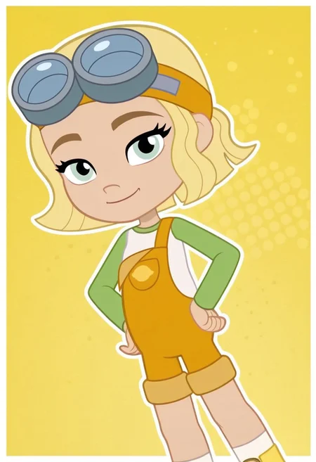 Lemon_Meringue, 1girl, solo, fair skin, short hair, honey-blonde hair, light green eyes, orange goggles, inventor goggles, white and light green raglan shirt, orangish-yellow overalls, chest pocket, white half-length socks, light yellow boots, (light smile, dutch angle, Hands on hips, naughty pose, looking at viewer, solo, dynamic pose, head tilt,),(( dynamic halftone dot background, yellow background, stylized background, White frame, Square frame, white outline))