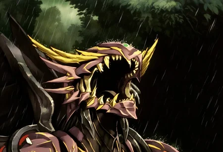 score_9, score_8_up, score_7_up, score_6_up, score_5_up, score_4_up, source_anime,retro artstyle,outdoors,forest,dexdoru,multiple wings,angel and devil,yellow horns.rage,open_mouth,shouting,upper body,rain,storm