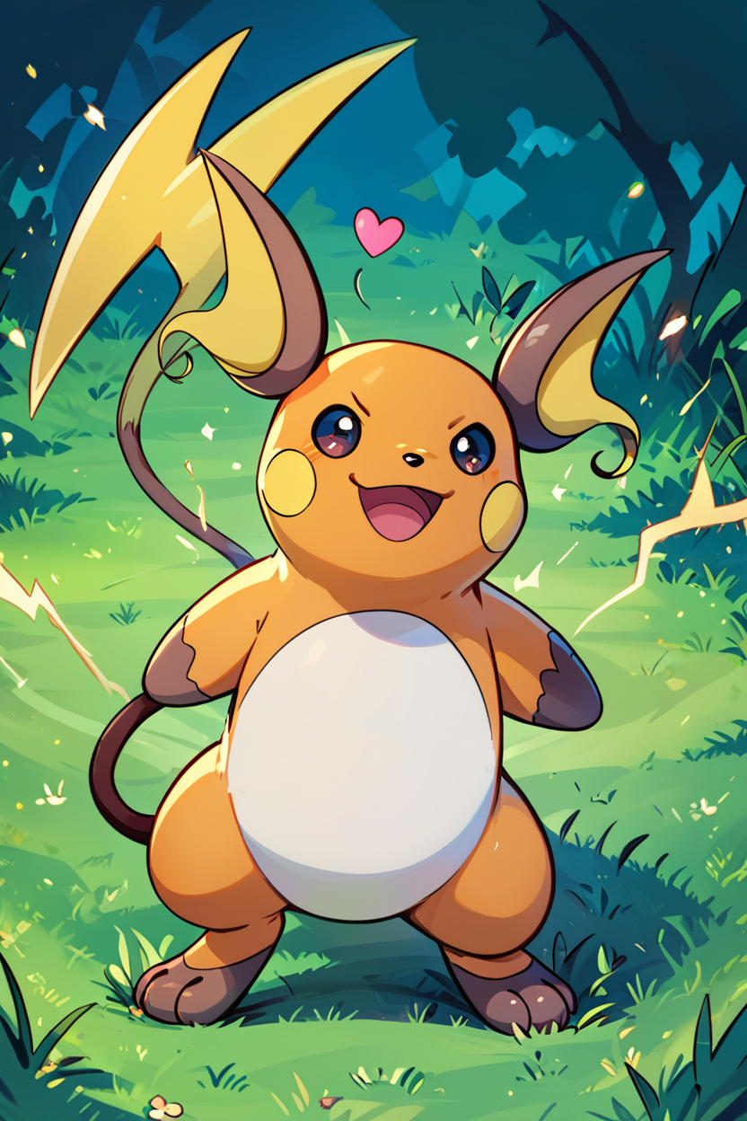 score_9, score_8_up, score_8,  ,,, , ,,, zzRaichu, raichu (pokemon), looking at viewer, smile, open mouth, standing, full body, :d, outdoors, black eyes, grass, electricity,  ,<lora:RaichuPokedexPDXL:1.0>,  ,,,, BREAK, <lora:GoldenCAT_Lora_PDXL_v2:0.8>, smile, closed mouth, looking at viewer, cowboy shot, ,,, embedding:zPDXL, Expressiveh, ,,, <lora:Expressive_H-000001:0.4>,