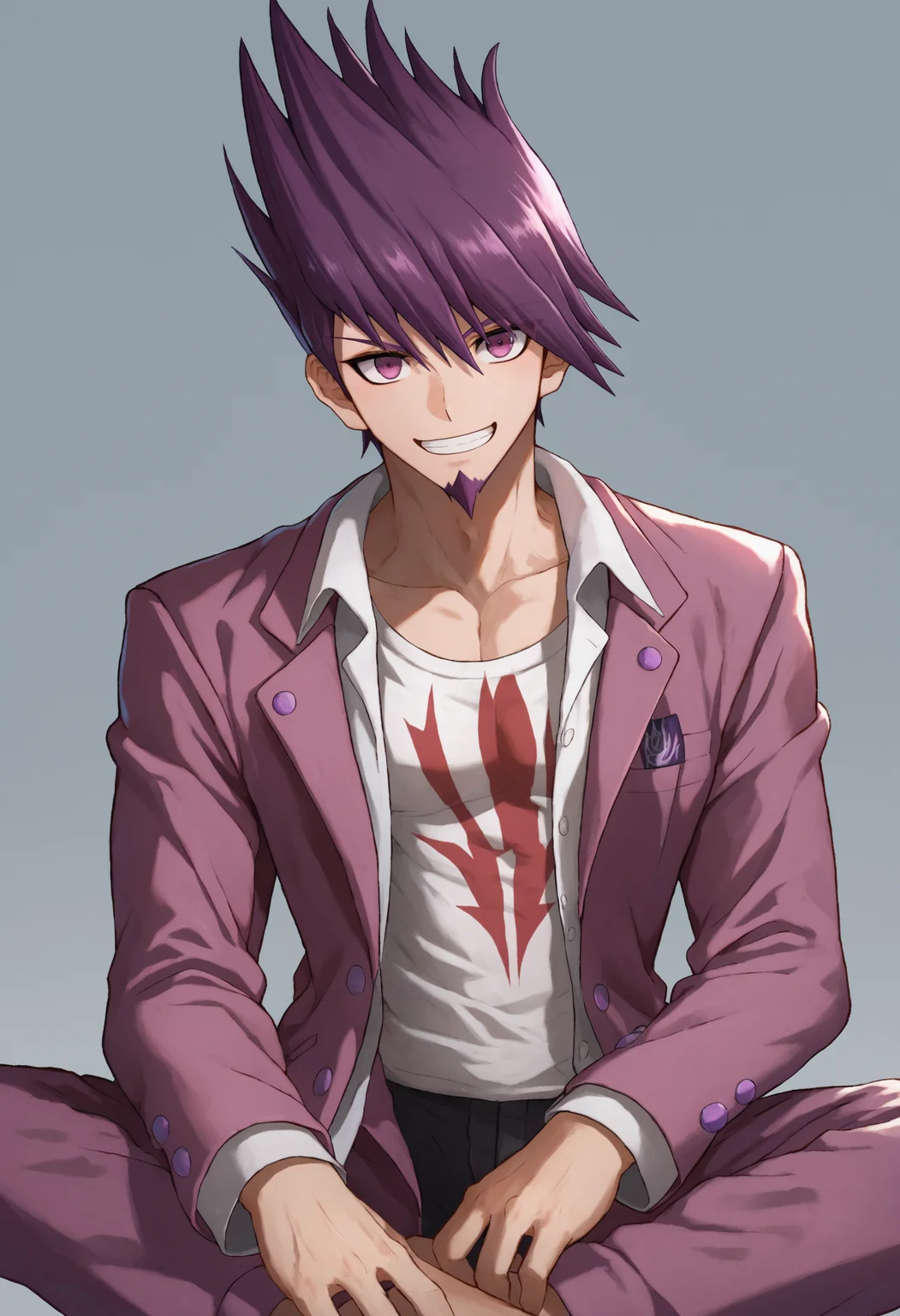 score_9_up score_8_up score_7_up, sitting, smile, looking at viewer, simple background
BREAK
momota kaito default, 1boy, facial hair, goatee, spiked hair, purple eyes, purple hair, bangs, short hair, beard, shirt, jacket, jacket on shoulders, print shirt, pants, open clothes, white shirt, open shirt, long sleeves, open jacket
<lora:danganranpa_v3_pony_d16:1>