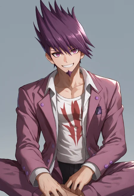 score_9_up score_8_up score_7_up, sitting, smile, looking at viewer, simple background
BREAK
momota kaito default, 1boy, facial hair, goatee, spiked hair, purple eyes, purple hair, bangs, short hair, beard, shirt, jacket, jacket on shoulders, print shirt, pants, open clothes, white shirt, open shirt, long sleeves, open jacket
<lora:danganranpa_v3_pony_d16:1>