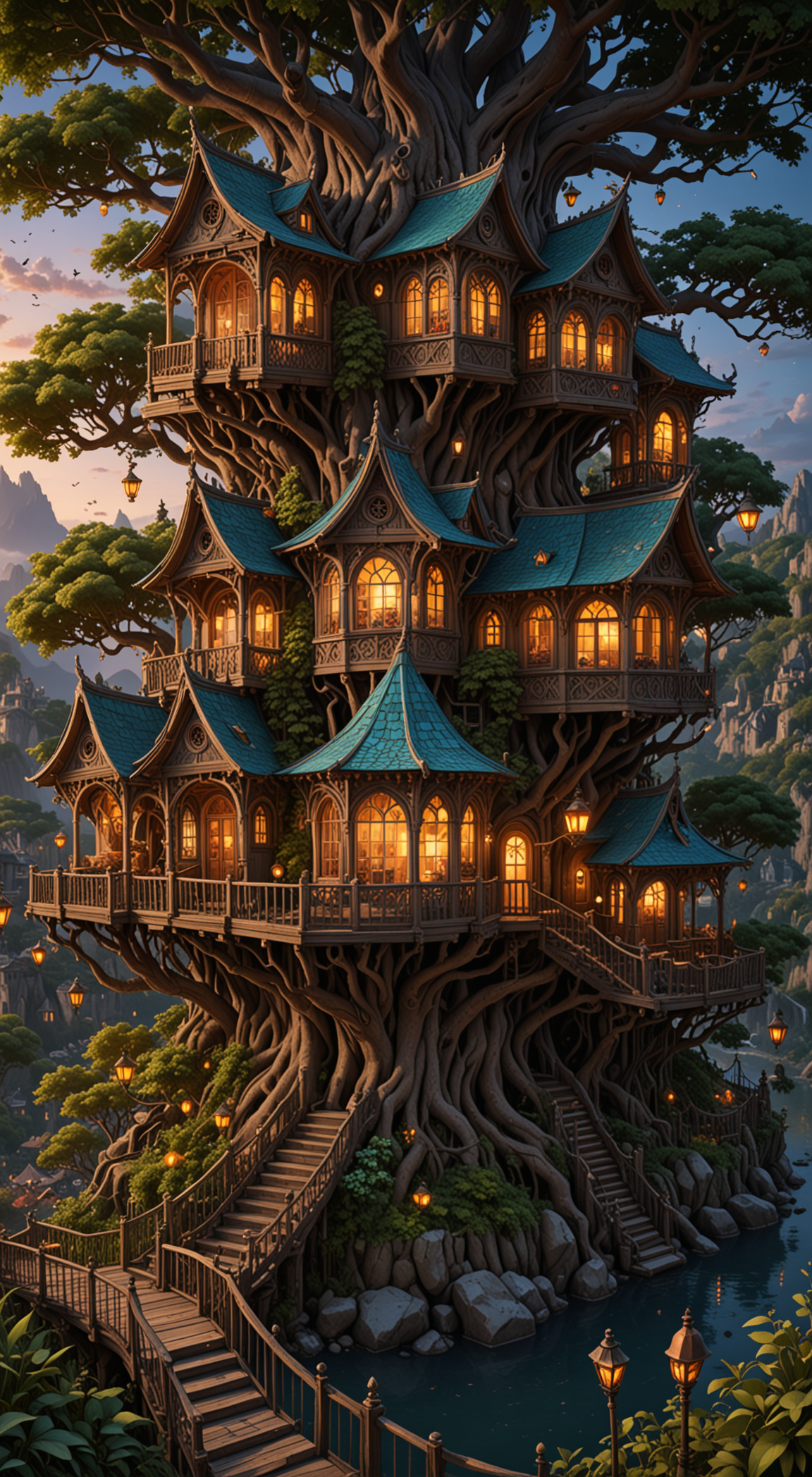 a wonderous and beautiful fantasy world with the Tree House Mansion Village, Multiple Bridges, in the night, insanely detailed and intricate, hyper maximalist, elegant, hyper realistic, super detailed, vivid colours, sunrise, ornate, dynamic, articulate, 8K, <lora:3D_Framed_Wall_Art_-_By_DICE:0.6>, (Framed 3D, 3d Tree), EPIC,  Painstaking Attention To Detail, UHD